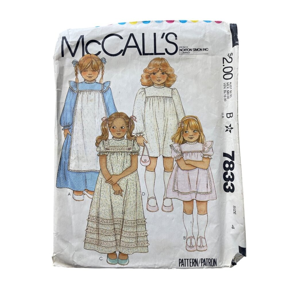 Vintage McCalls 7833 Sewing Pattern Size 4 Kids Pinafore Dress Sewing CUT